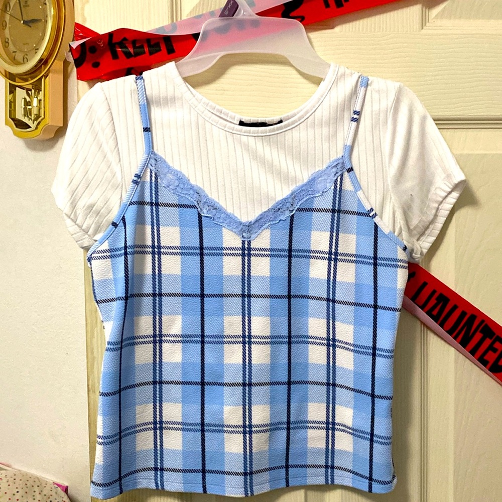 Almost famous brand large girls white light dark blue plaid dressy or normal obo